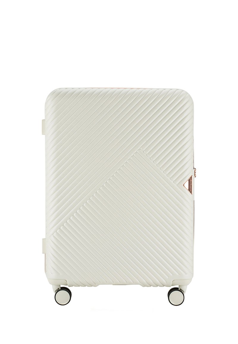 Hard-shell suitcase in off-white with a diagonal ribbed texture. Features two black wheels and rose gold accents, including zipper and logo.