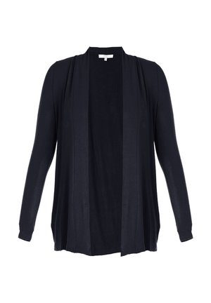 Schwarzer, langärmliger Cardigan aus weichem Stoff. Offenes Vorderteil, mit fließenden Drapierungen und ohne sichtbare Verschlüsse oder Verzierungen.