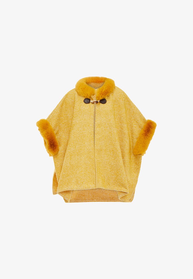Gul poncho med fiskbensmönster och faux fur-krage och manschetter. Har en frontdragkedja och träknäppen.