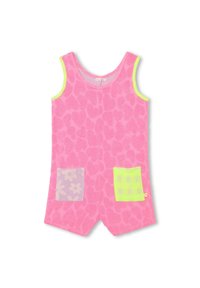 Rompers sans manches rose avec une texture à motif cœur, présentant deux poches carrées aux designs à carreaux lavande et vert, et un bord en néon.