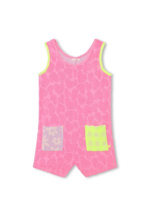 Rompers sans manches rose avec une texture à motif cœur, présentant deux poches carrées aux designs à carreaux lavande et vert, et un bord en néon.