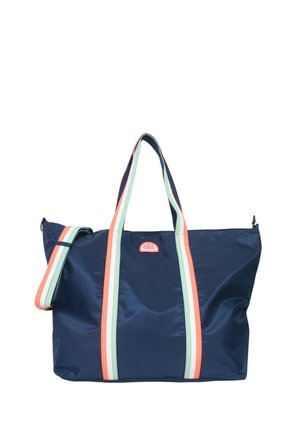 Borsa tote blu navy con manici lunghi e tracolla staccabile con strisce verde menta e corallo.