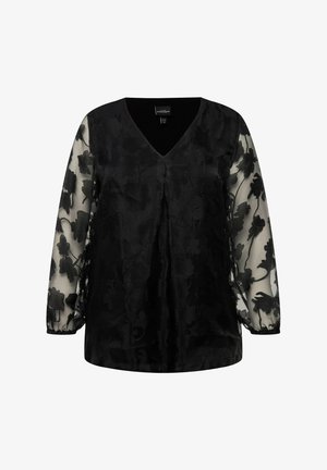 Zwarte blouse met een V-hals, voorzien van sheer lange mouwen versierd met bloemmotieven. Het lijfje is gemaakt van een gestructureerde, ondoorzichtige stof.
