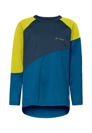 Langärmliges Radtrikot mit blauen, marineblauen und gelben Farbblöcken, Rundhalsausschnitt und VAUDE-Logo auf der Brust.