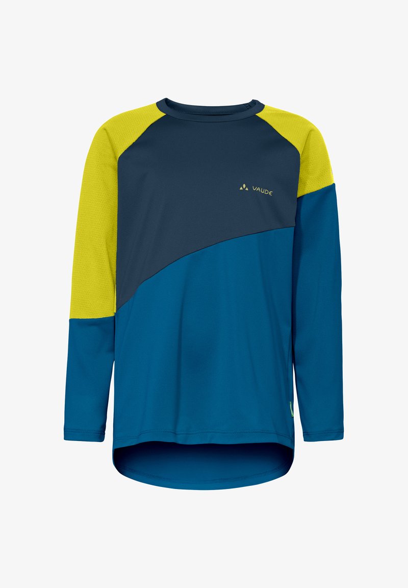 Maillot de cyclisme à manches longues avec blocs de couleurs bleu, marine et jaune, col rond, et logo VAUDE sur la poitrine.