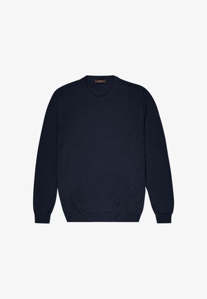 Suéter azul marino de tela suave, con cuello redondo, mangas largas y puños y dobladillo acanalados. Diseño sencillo, sin estampados.