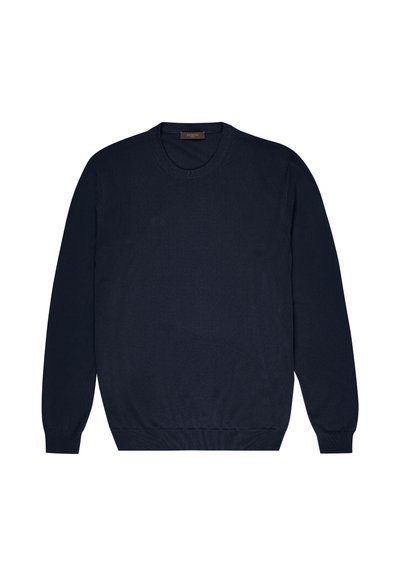 Navy blue pullover sweater made of smooth fabric, featuring a crew neck, long sleeves, and ribbed cuffs and hem. Simple design, no patterns.