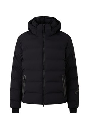 Schwarze Steppjacke mit Kapuze, Reißverschluss und Seitentaschen. Verfügt über gesteppten, gestickten Einsatz und elastische Bündchen für Wärme und Komfort.