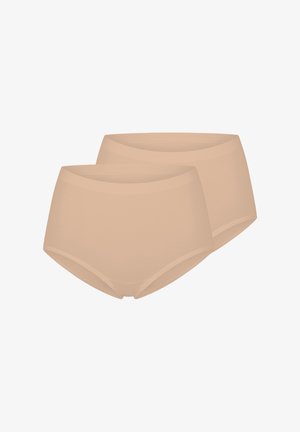 Beżowa bielizna wysoka w talii wykonana z gładkiego, elastycznego materiału. Posiada bezszwowy krój oraz wygodną gumię w pasie. Zawiera dwie sztuki.