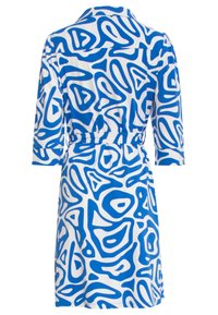 Blau-weißer gemusterter Kleid mit langen Ärmeln, Kragen und verstellbarem Taillenzug; verfügt über ein organisches, abstraktes Design. 
