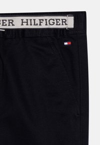 Tmavě modré denimové kalhoty s kontrastním světlým pasem, na kterém je nápis "HILFIGER". Malý detail loga vlajky na boční kapse.