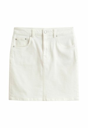 Witte denim minirok met knopen aan de voorkant, rits, riemlussen en vijfzakkenontwerp.