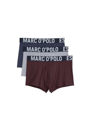Tres pares de bóxers para hombre en azul oscuro, gris claro y marrón oscuro con cintura de marca con la inscripción "MARC O'POLO."