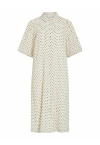 Robe midi crème à pois noirs, manches courtes bouffantes, fermeture boutonnée à l'avant et petit col.