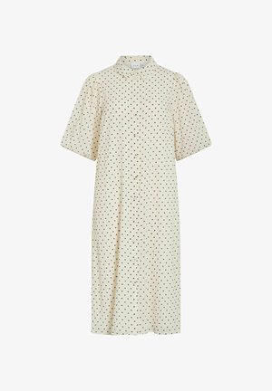 Kremna midi obleka s črnimi pikami, kratkimi nabranimi rokavi, zapenjanjem na gumbe spredaj in majhnim ovratnikom.