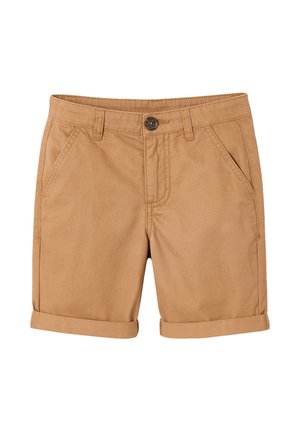 Tan cotton shorts with cuffed hems, front button closure, belt loops, and angled side pockets.