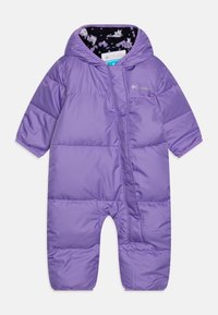 Purple padded snowsuit with a hood, featuring a front zipper, long sleeves, and a smooth exterior. The interior has a patterned lining.