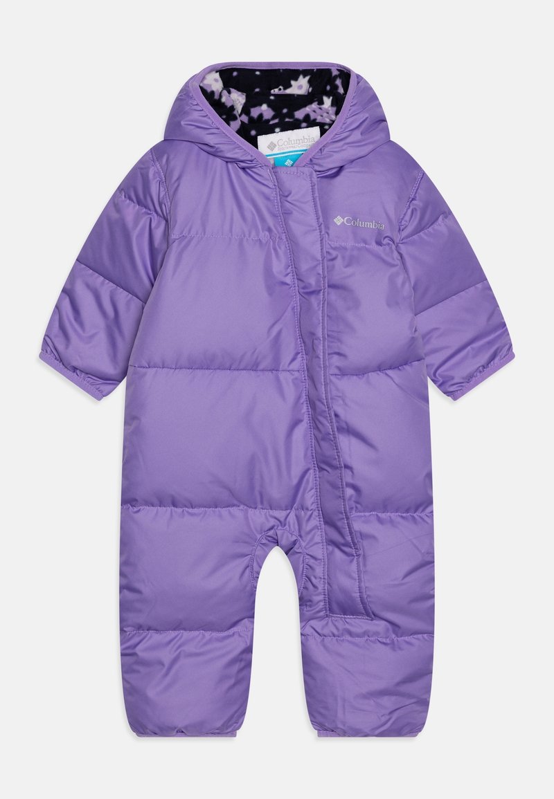 Purple padded snowsuit with a hood, featuring a front zipper, long sleeves, and a smooth exterior. The interior has a patterned lining.