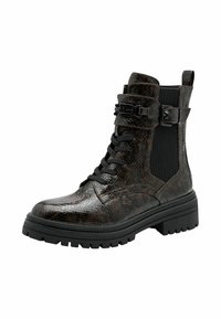 Brown faux snakeskin ankle boots with black elastic panels, lace-up front, buckle accents, and rugged rubber soles.