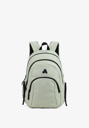 Zaino verde chiaro con zip e dettagli neri. Presenta spallacci imbottiti, diversi scomparti e una maniglia superiore per il trasporto.