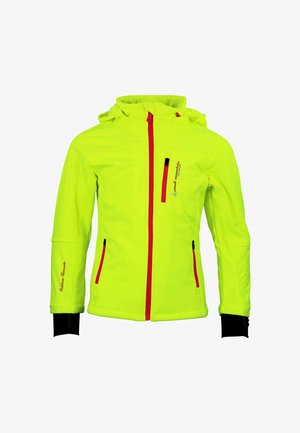 Veste fluorescente jaune avec un zip à l'avant, des accents rouges, deux poches latérales et des poignets élastiques. Dispose d'une capuche et d'un tissu respirant.