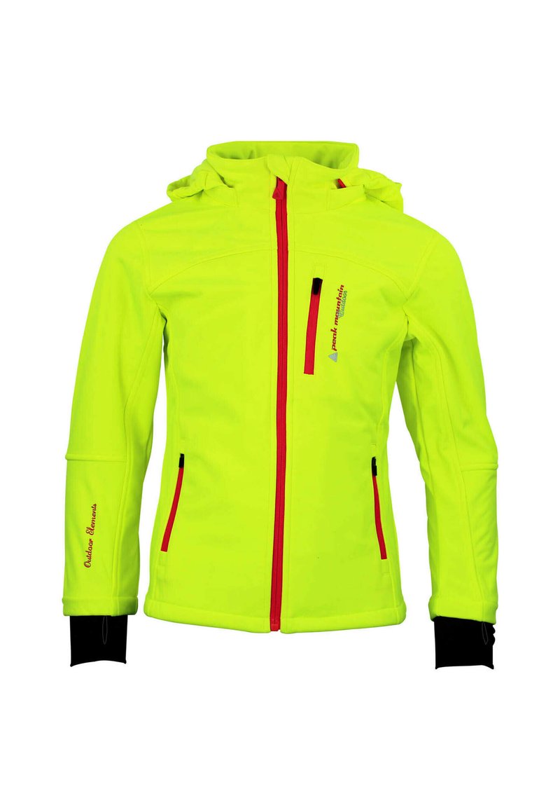 Veste fluorescente jaune avec un zip à l'avant, des accents rouges, deux poches latérales et des poignets élastiques. Dispose d'une capuche et d'un tissu respirant.