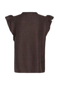 Blouse à manches courtes marron foncé avec tissu subtilement texturé et manches à volants, vue de dos sur un fond uni.