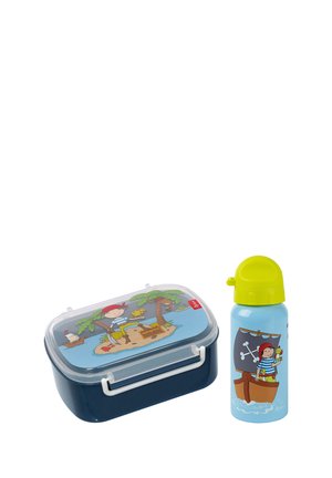 Children's lunchbox and water bottle set with cartoon pirate, treasure island, and ship illustrations in blue and yellow colors.