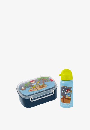 Children's lunchbox and water bottle set with cartoon pirate, treasure island, and ship illustrations in blue and yellow colors.
