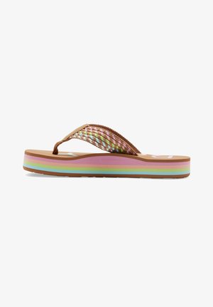 Brown flip-flop sandal with a woven strap featuring pastel colors and a multi-striped platform sole in pink, blue, and green tones.