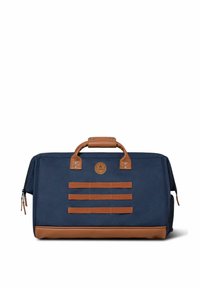Sac de sport bleu marine avec des accents en cuir beige, comportant trois sangles horizontales et un logo rond, fabriqué à partir d'un tissu durable, de forme rectangulaire.