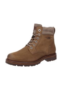 Braune Leder-Ankle-Boots mit einem strukturierten, pulloverähnlichen Kragen, metallenen Ösen für die Schnürsenkel und einem robusten Sohlen-Design.