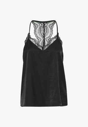 Czarna kamizelka z delikatnymi koronkowymi akcentami na plecach, dekoltem w kształcie litery V oraz regulowanymi cienkimi ramiączkami. Gładka, miękka faktura materiału.