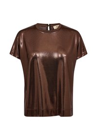 Top scurt, metalic, de culoare maro, cu guler rotund și un design cu decupaj la spate. Textură netedă cu un luciu subtil.