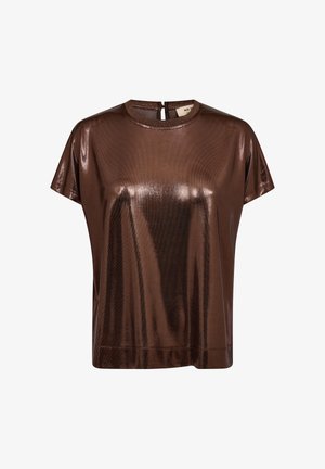 Brun metallic kortærmet top med rund halsudskæring og en nøglehul tilbage design. Glat tekstur med en subtil glans.