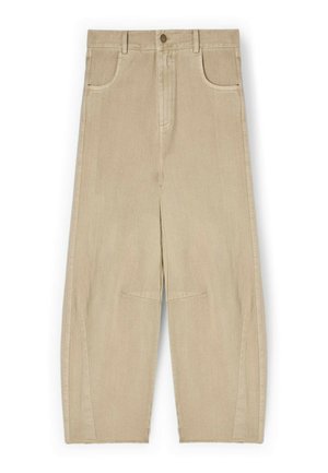 Beige, hochtaillierte Hosen mit weitem Bein, vorderen Taschen, Gürtelschlaufen, Knopfverschluss und einem kurzen, rohen Saumdetail.