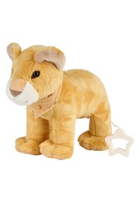 Stuffed lion featuring plush, soft yellow fur, light brown accents, black eyes, and a tan scarf; includes a star-shaped pull tag.