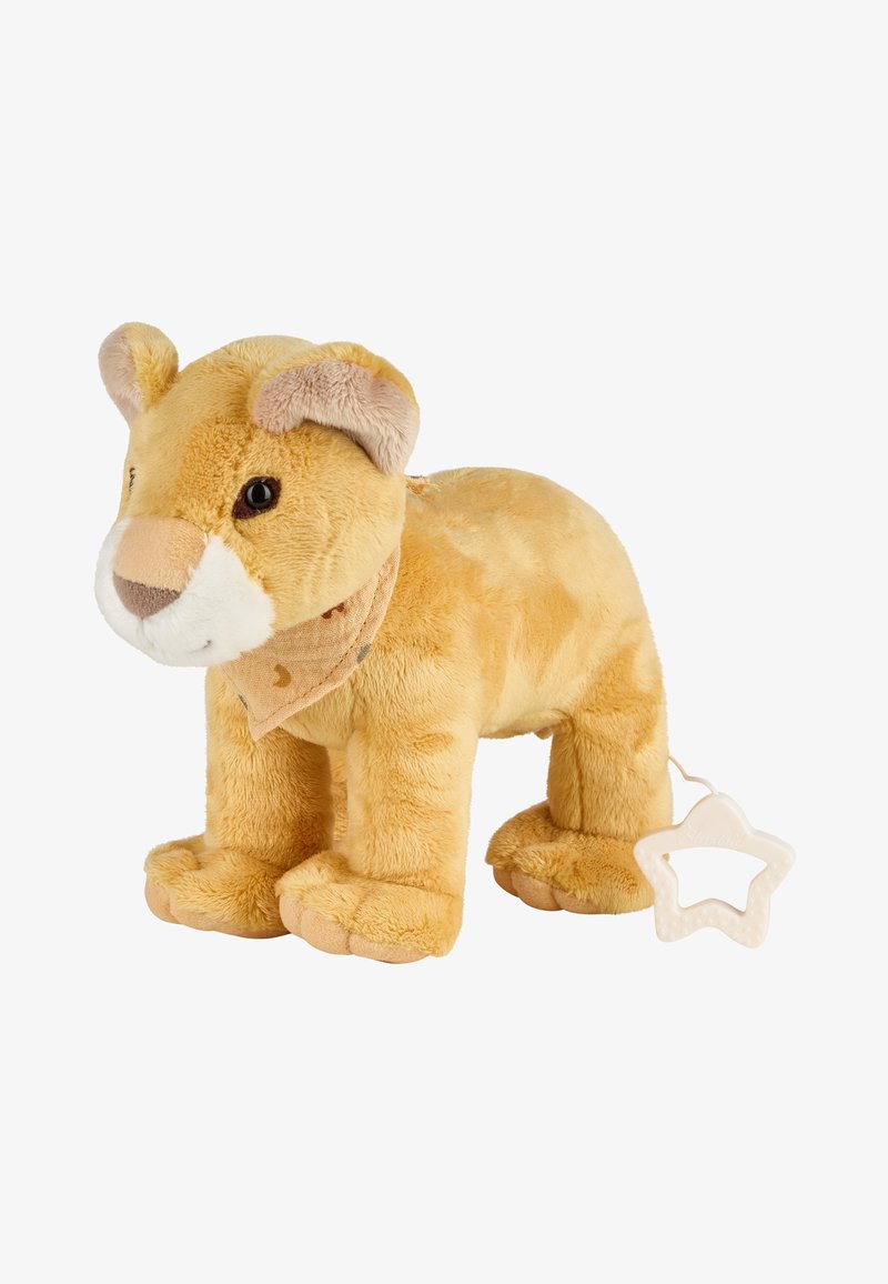 Stuffed lion featuring plush, soft yellow fur, light brown accents, black eyes, and a tan scarf; includes a star-shaped pull tag.