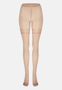 Collant fino color pelle fino alla coscia con una texture liscia, punta rinforzata e fascia decorativa in pizzo in cima per una vestibilità sicura.