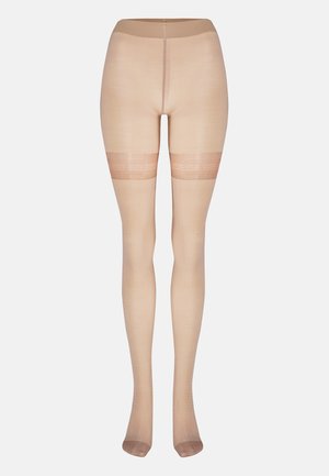 Collant fino color pelle fino alla coscia con una texture liscia, punta rinforzata e fascia decorativa in pizzo in cima per una vestibilità sicura.