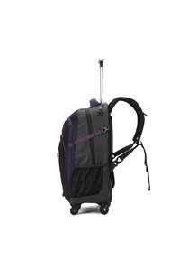 Zaino con ruote grigio e viola dotato di manico telescopico, spallacci imbottiti, tasca laterale in rete e ruote lisce per una maggiore mobilità.