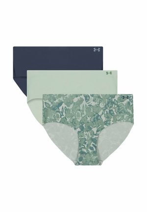 Drie paar Under Armour damesondergoed: één marineblauw, één muntgroen, één met een bloemenpatroon in tinten groen en een semi-doorzichtige uitvoering.