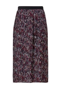 Jupe plissée longueur genou avec un motif abstrait multicolore rouge, noir, blanc et bleu et une ceinture élastique noire unie.
