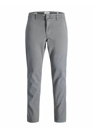 Pantalons en coton gris au design à jambe droite, dotés d'une fermeture à bouton, de passants de ceinture et sans motifs ni accents visibles.
