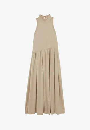 Beige ujjatlan ruha magas gallérral, testhezálló felsőrésszel és lágyan redőzött szoknyával. Puha, sima anyagból készült.