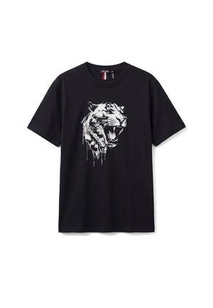 Zwart T-shirt met korte mouwen en een wit druppelend verfdesign van een brullende tijgerskop in het midden aan de voorkant.
