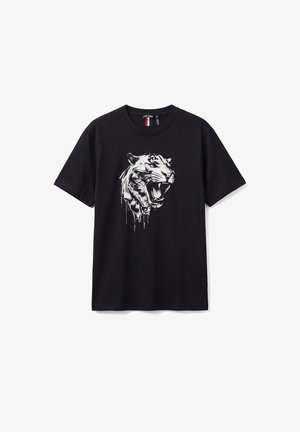Zwart T-shirt met korte mouwen en een wit druppelend verfdesign van een brullende tijgerskop in het midden aan de voorkant.