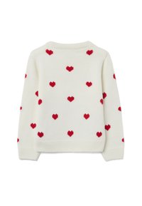 Cremfarbener Pullover mit roten Herzmustern, rundem Halsausschnitt, gerippten Bündchen und Saum. Hergestellt aus weichem, strukturiertem Garn.