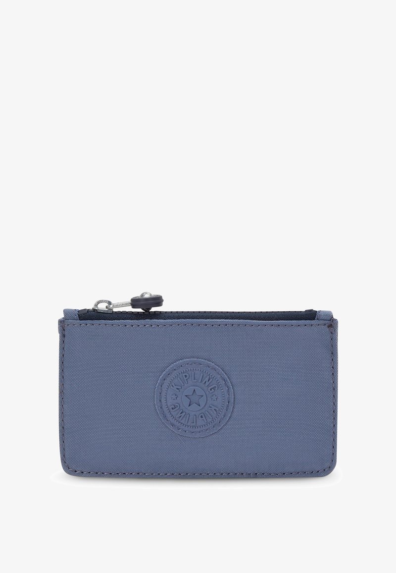 Blue fabric wallet with a zip closure, featuring a circular logo detail, rectangular shape, and textured surface.