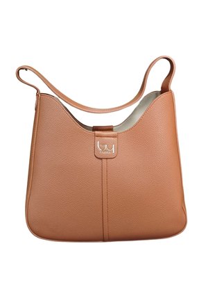 Borsa a tracolla in pelle con texture color cuoio, con una sola tracolla, un logo argentato davanti e un bordo superiore curvo.